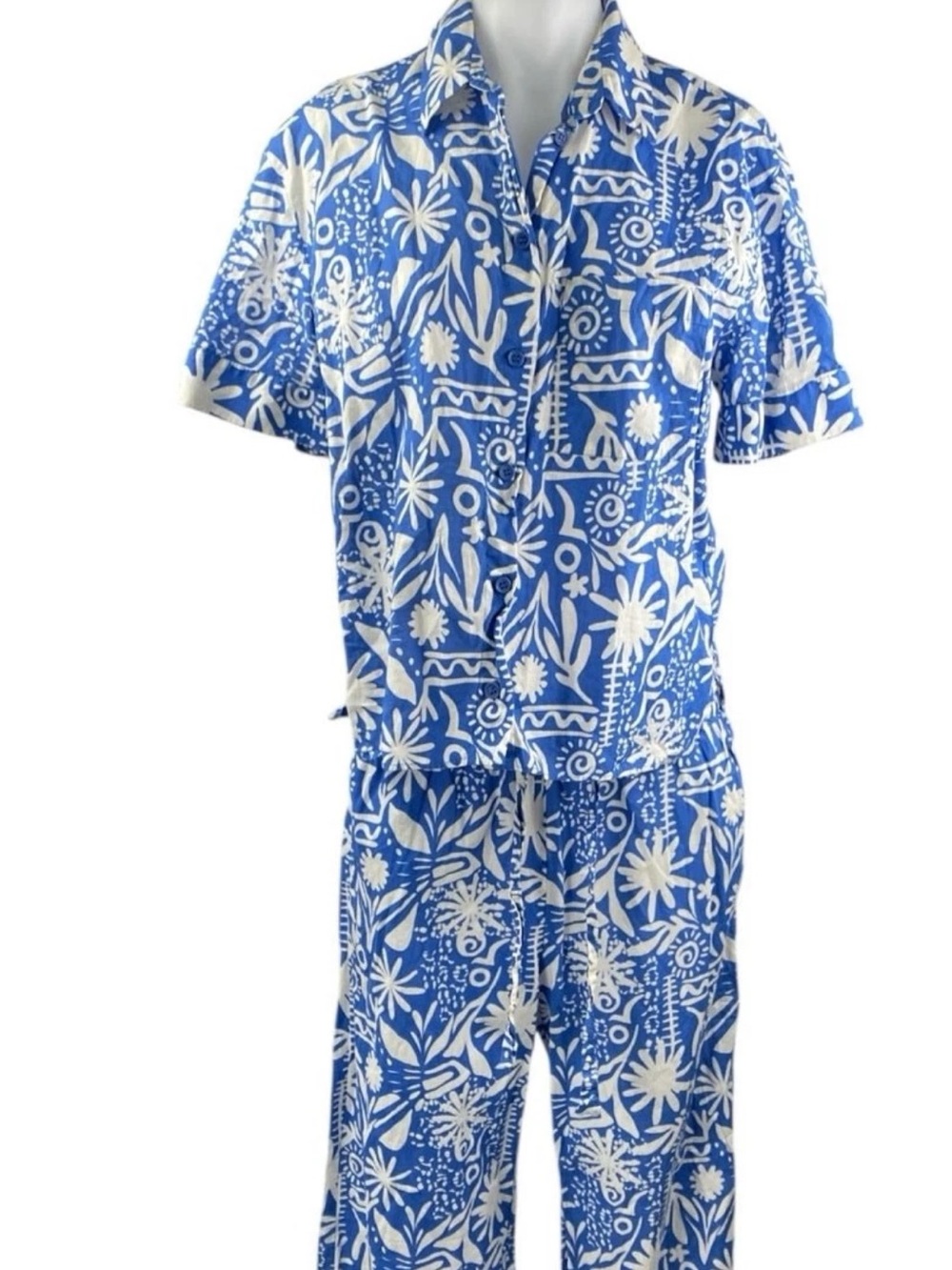 Zara Blue-Printed Short Sleeve Shirt & Wide-Leg Trousers Matching Set Size XS/S